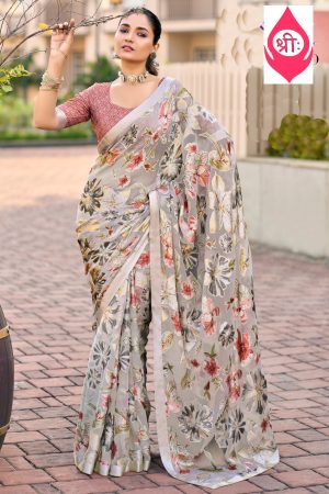 Pastel grey floral glass nylon saree