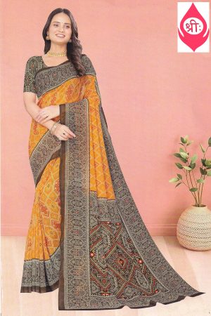 Mustard chiffon bandhini printed saree