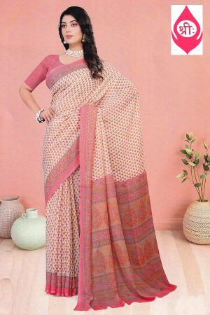 Pink chiffon printed saree
