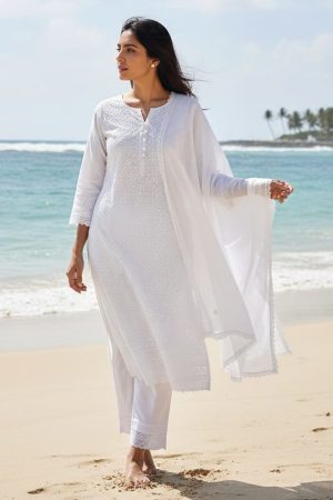 White straight cut embroidered punjabee
