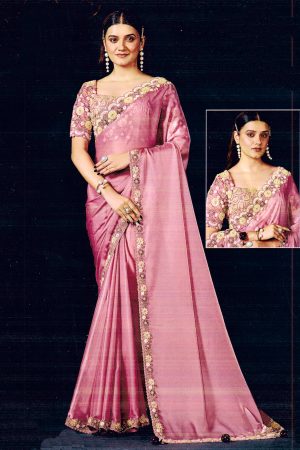 Dark pink silky saree