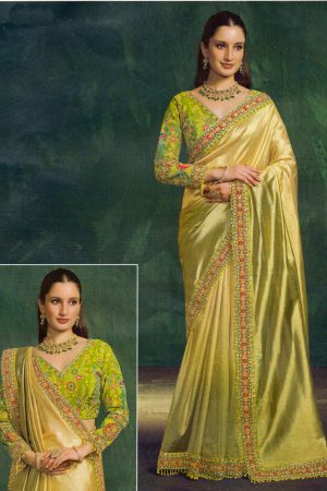 Shaded gold saree with ready made blouse