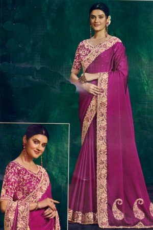 Magenta silky saree with ready-made blouse