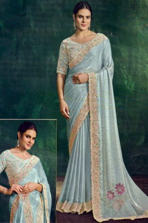 Powder blue shimmer satin saree with ready-made blouse