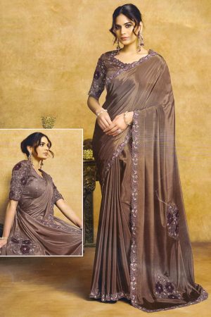 Chocolate brown satin silk saree