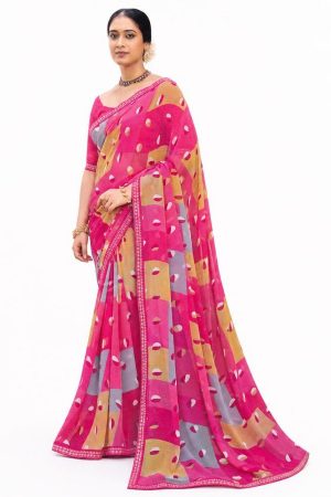 Pink printed saree with stitched border