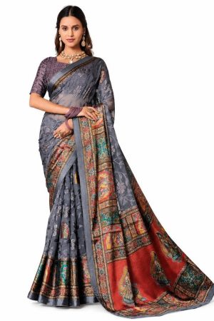Blue grey glass nylon woven saree