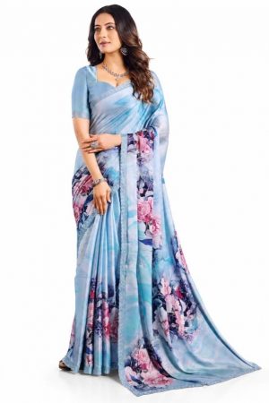 Blue floral silky saree