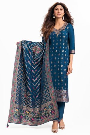 Blue silky punjabee with banarasi dupatta