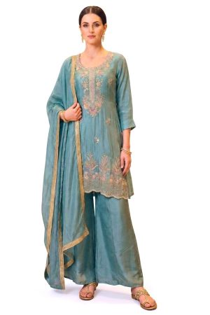 Powder blue silky plazzo punjabee